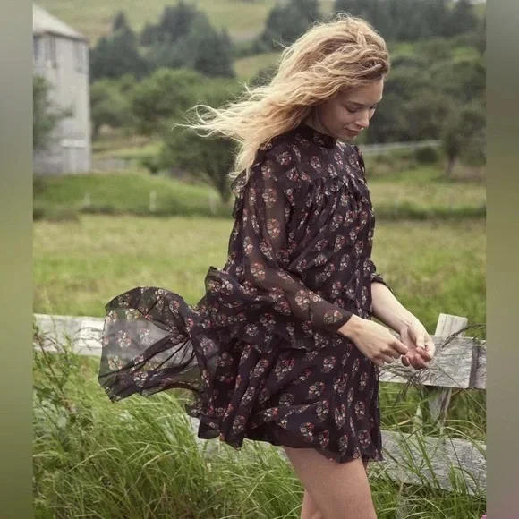 DÔEN Alette Ruffled Tiered Floral-print Silk-georgette Mini Dress - Black size S - Picture 2 of 12